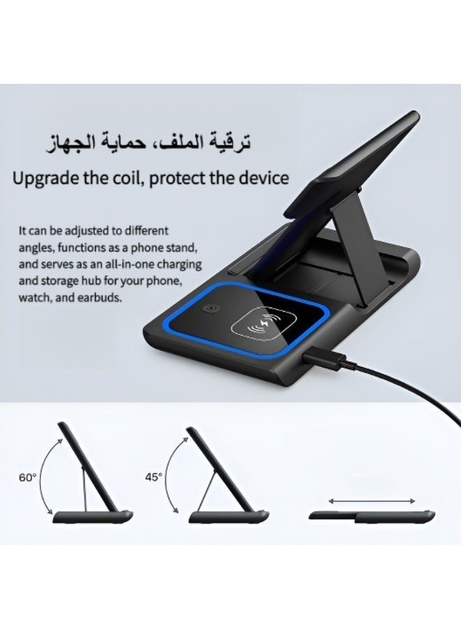 شاحن لاسلكي ثلاثي الوظائف:متوافق مع الهواتف الذكية والساعات الذكية وسماعات الأذن اللاسلكية التي تدعم تقنية الشحن اللاسلكي. مزود بشحن سريع مغناطيسي ويعمل كحامل على المكتب - Image 4